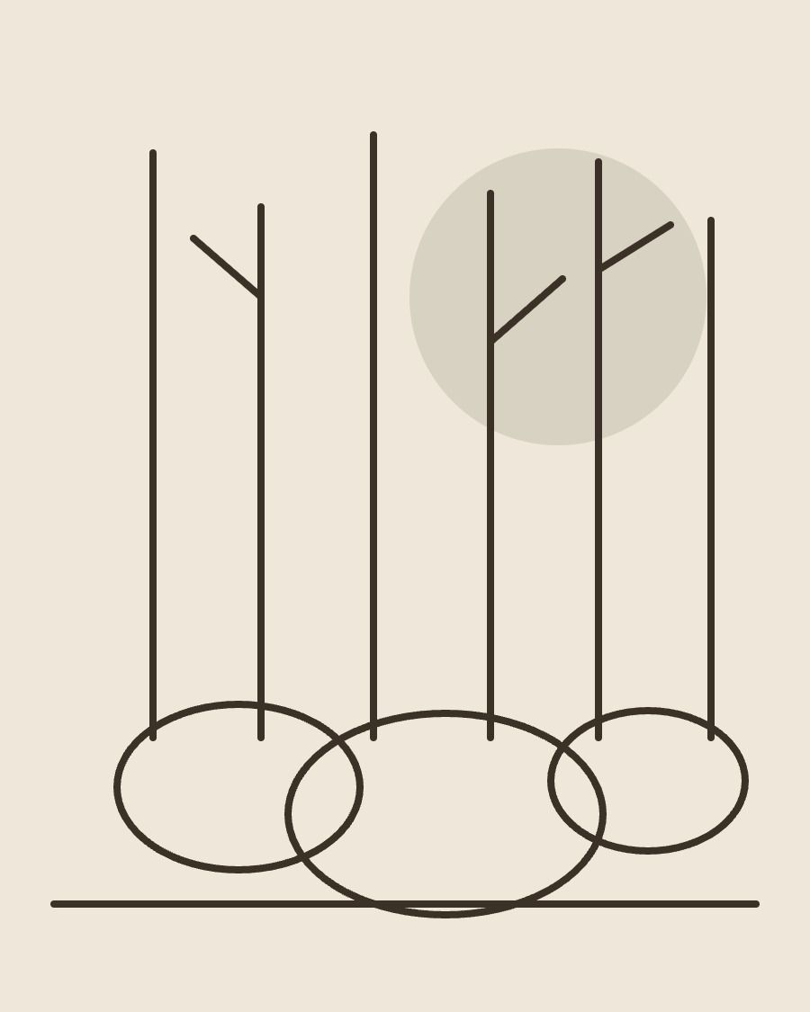 Illustration au trait : les arbres et les blocs de grès de la forêt de Fontainebleau