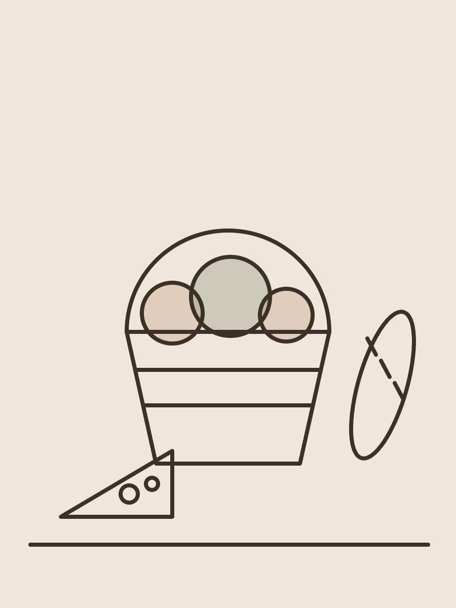 Illustration au trait : un panier de fruits, une baguette et un morceau de fromage
