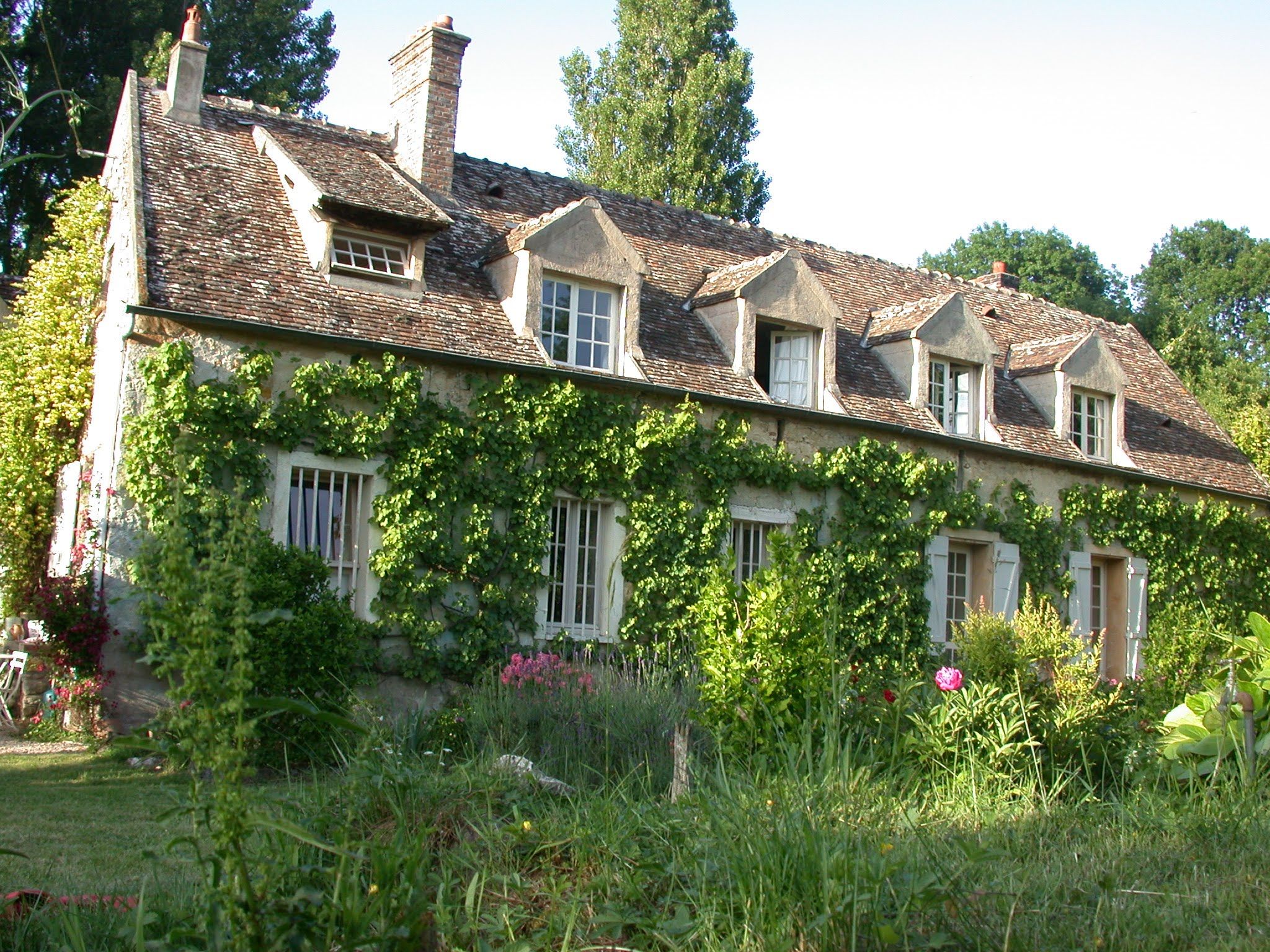 La façade du Fort de Challeau en été, ses lucarnes et sa vigne vierge, le jardin fleuri devant
